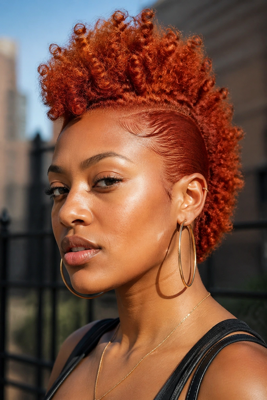 Portrait of a real woman with a ginger frohawk hairstyle.