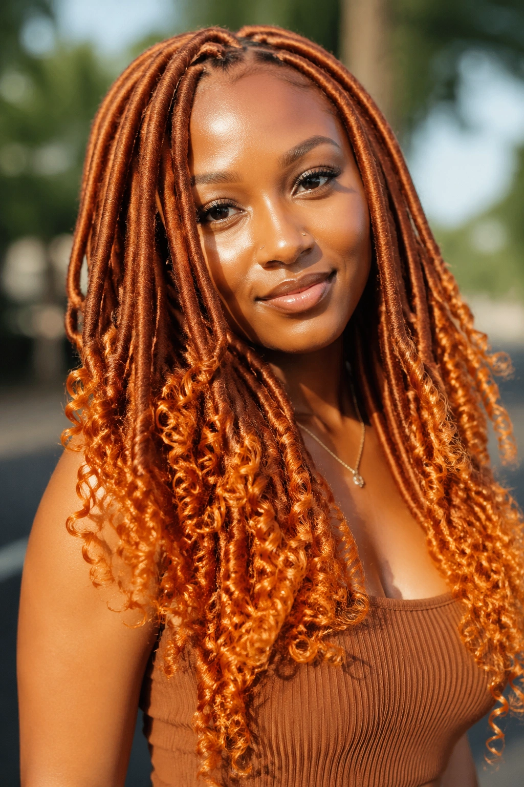 Real woman with long ginger goddess locs filling frame.