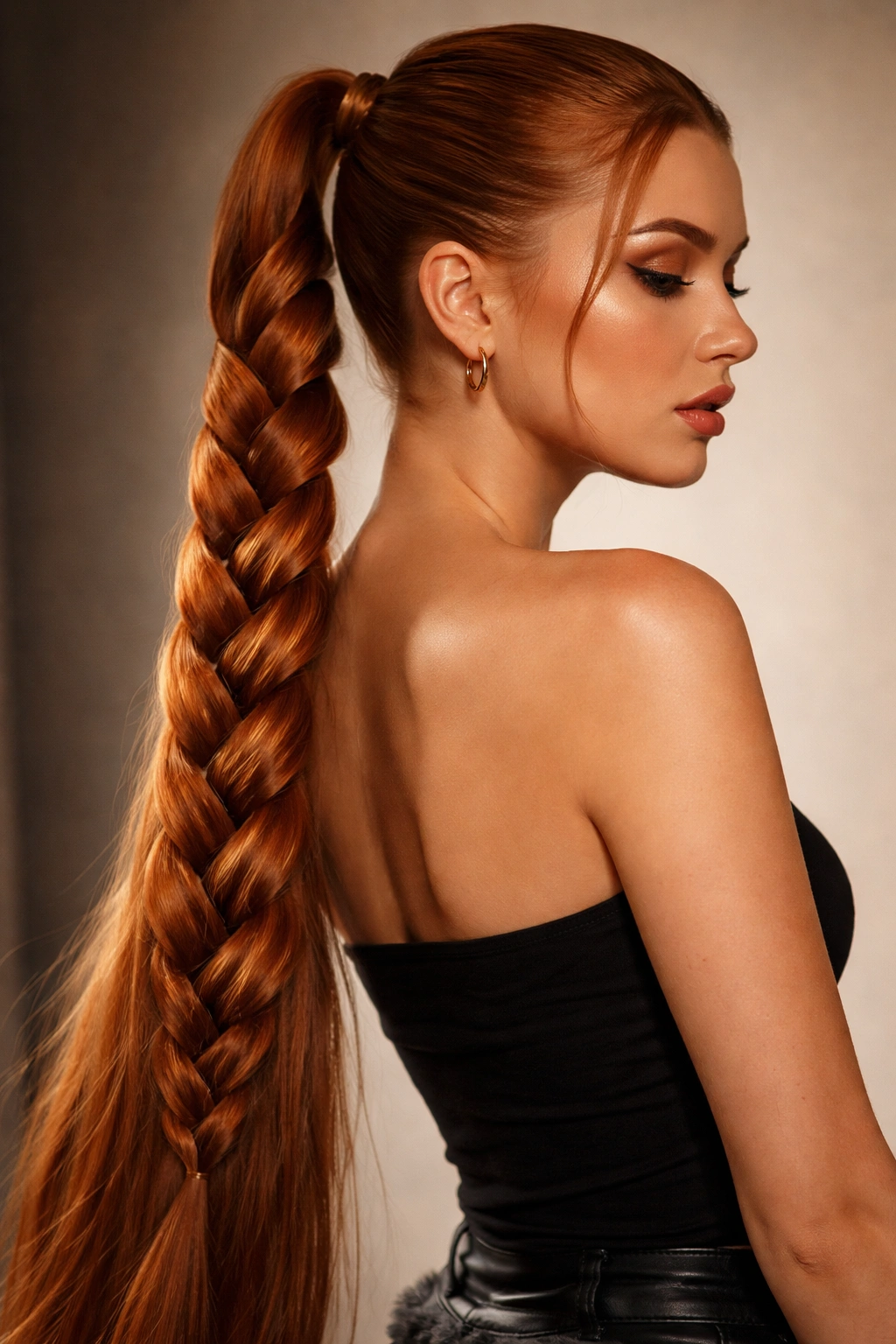 Extra long ginger braided ponytail with copper highlights
