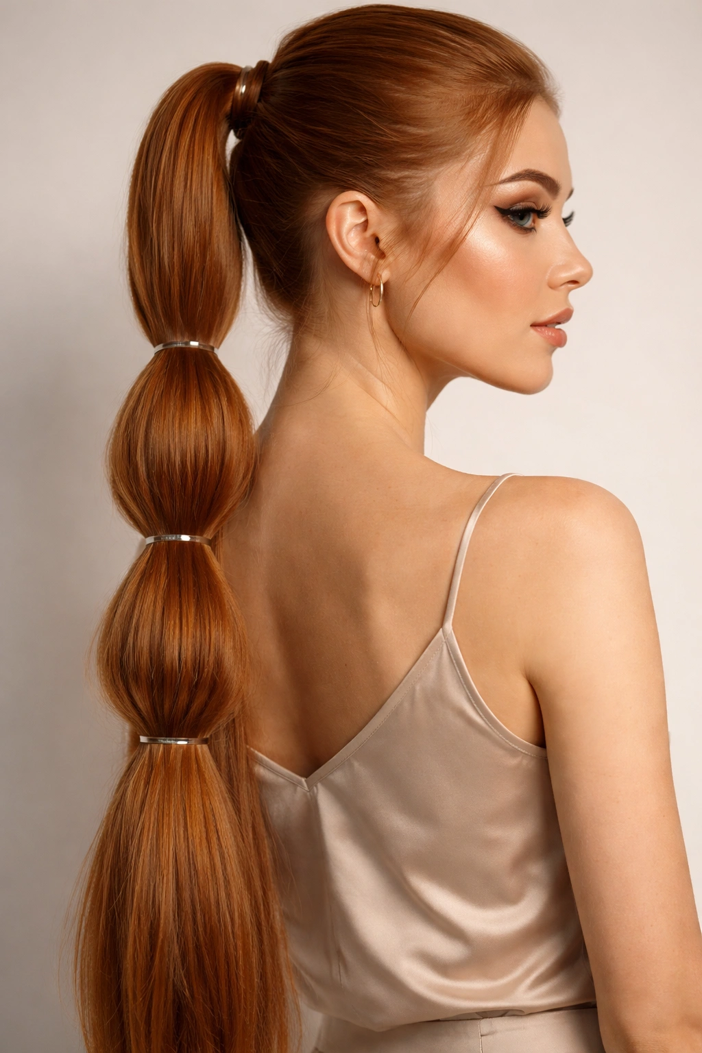 Bubble ponytail with evenly spaced bubbles along straight ginger hair