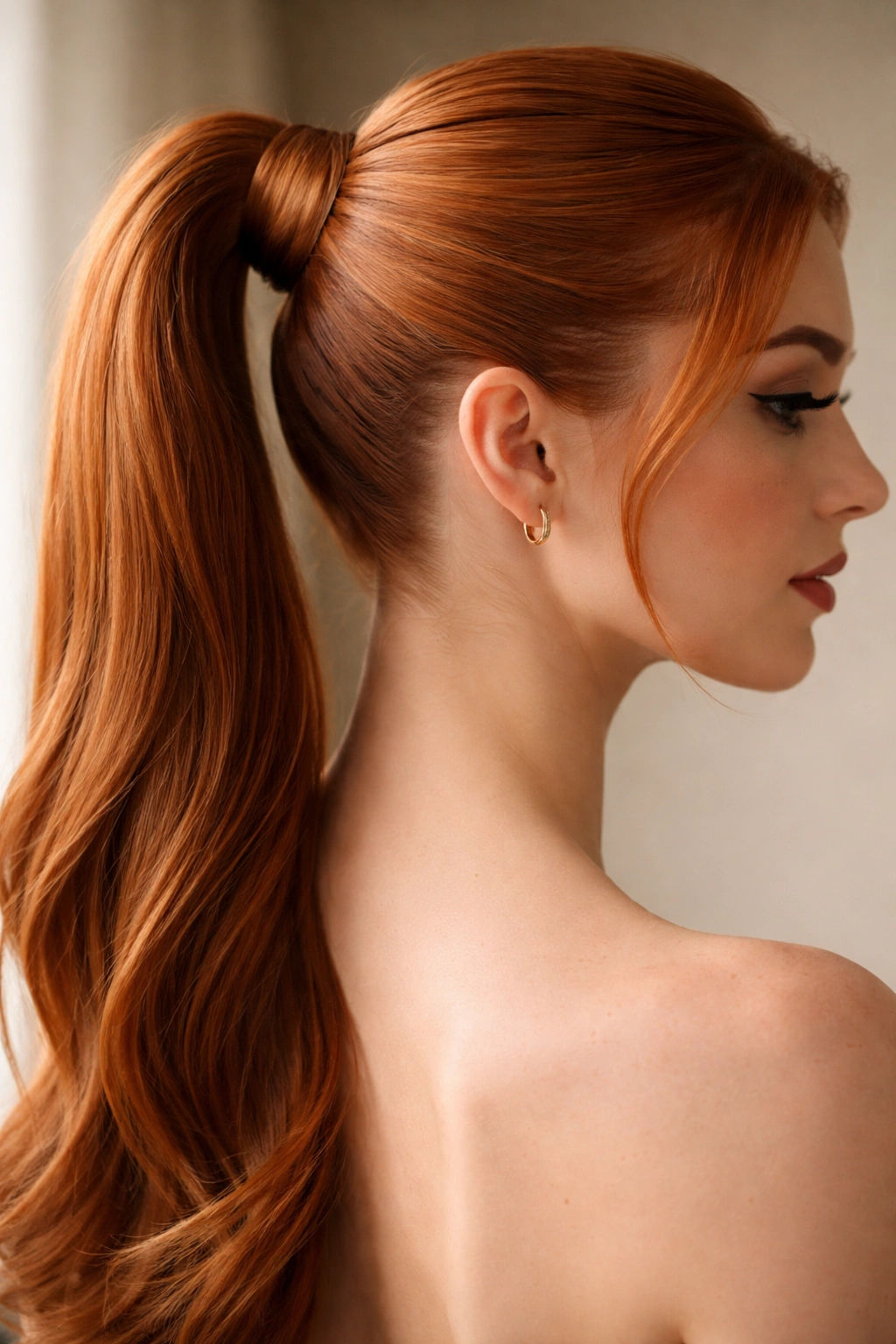 Ginger-haired ponytail wrapped twice at the base for a polished finish