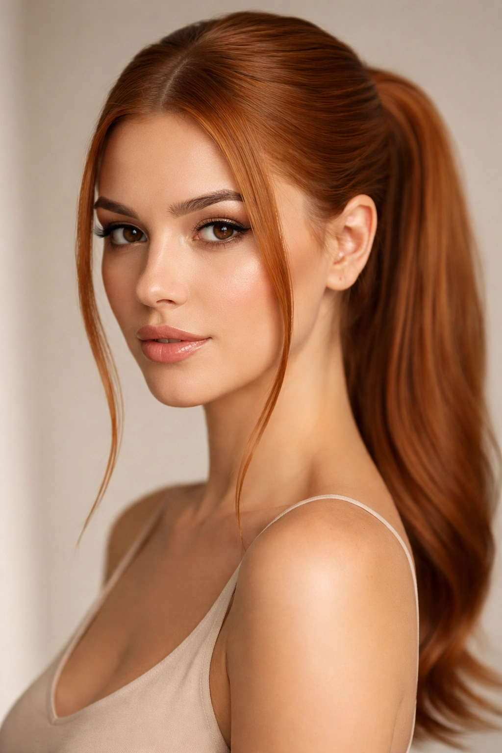 Ginger hair with two face-framing strands framing a polished sleek ponytail