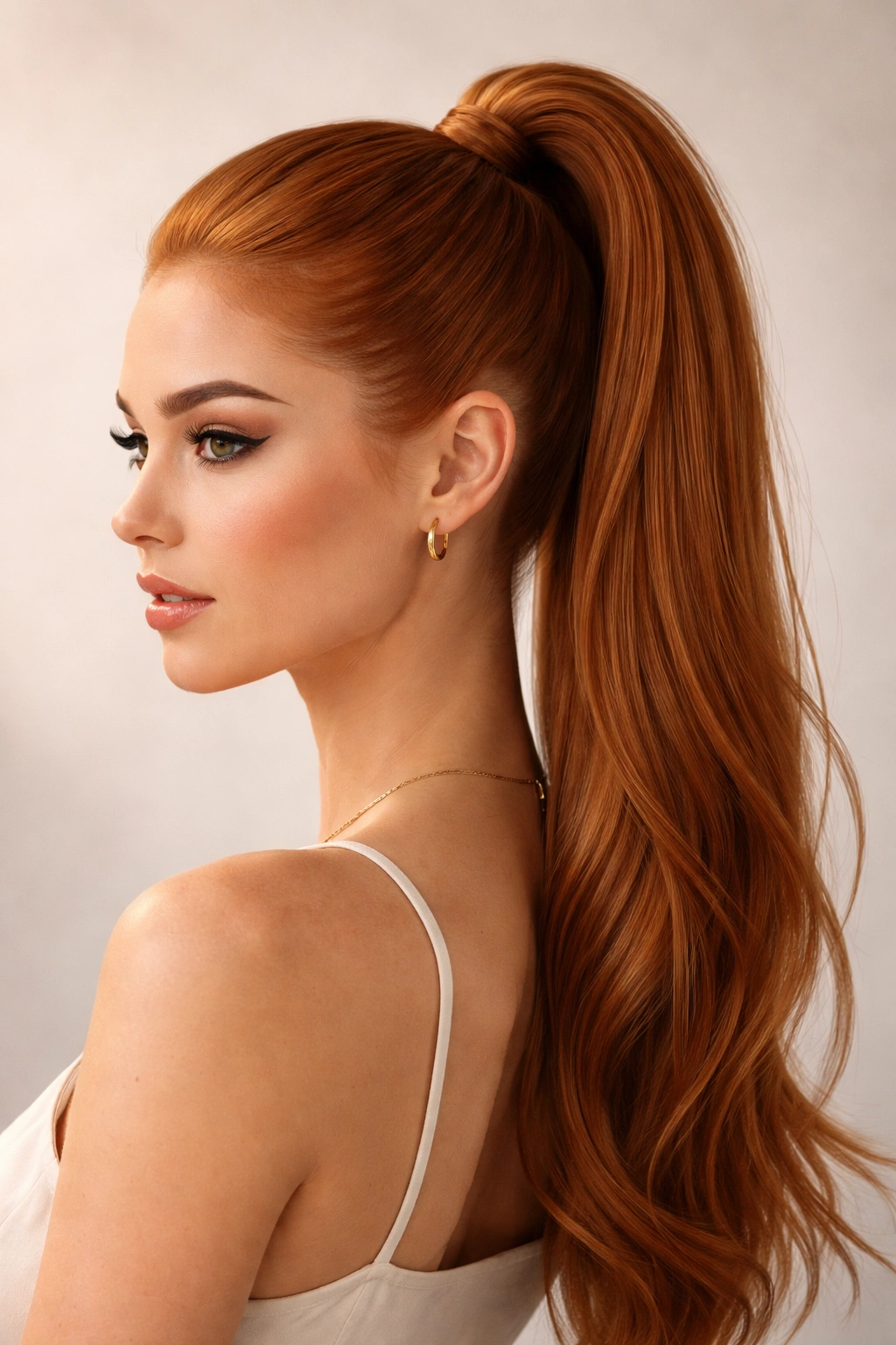 Ginger hair in a sleek high ponytail with a curved crown lift, strong shine