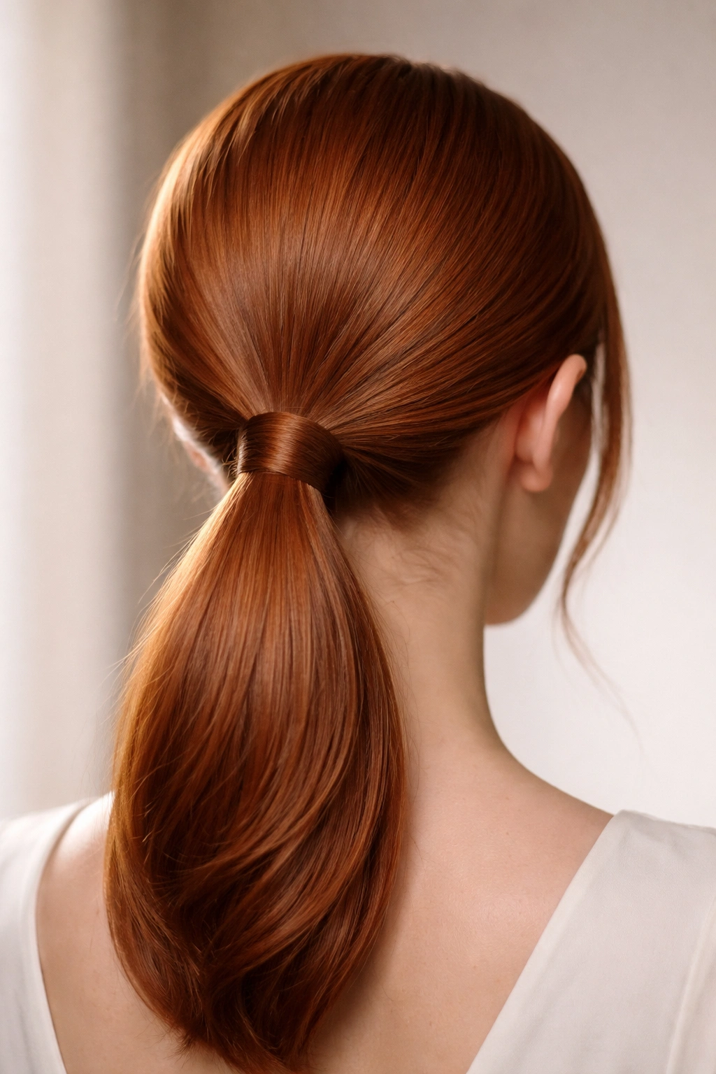 Low nape wrapped ginger ponytail with wrapped elastic