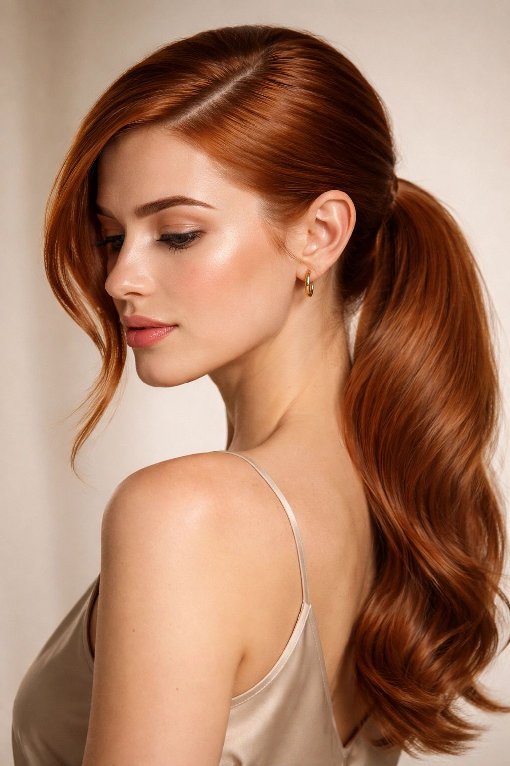 Glossy side part ponytail on copper ginger hair behind ear