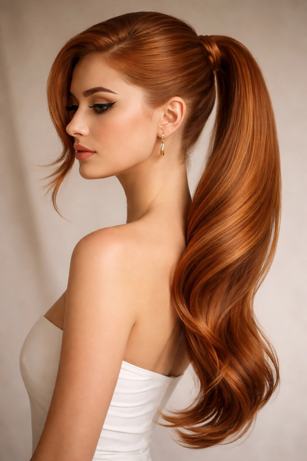 Ginger side-swept ponytail with a dramatic curved silhouette over the shoulder