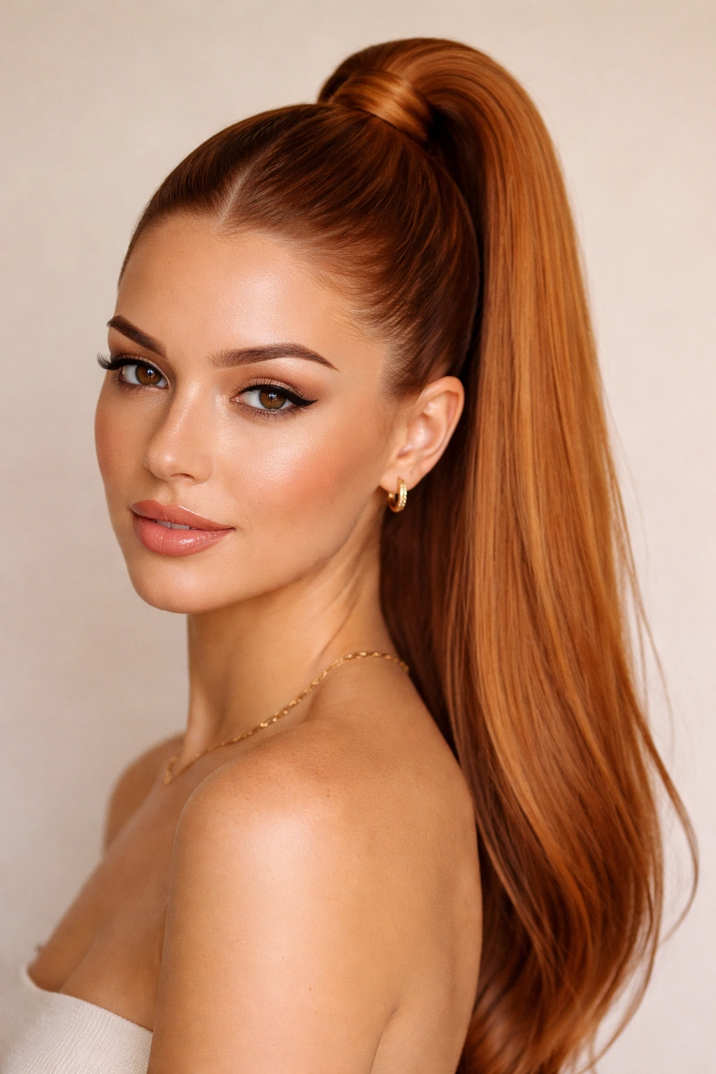 Close up of a high ginger ponytail with center part and smooth crown