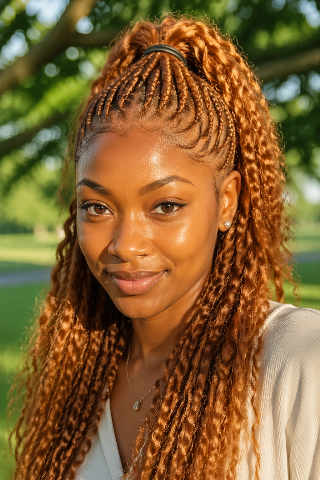 Close-up of a real woman with a ginger half-up half-down hairstyle in a sunlit park.