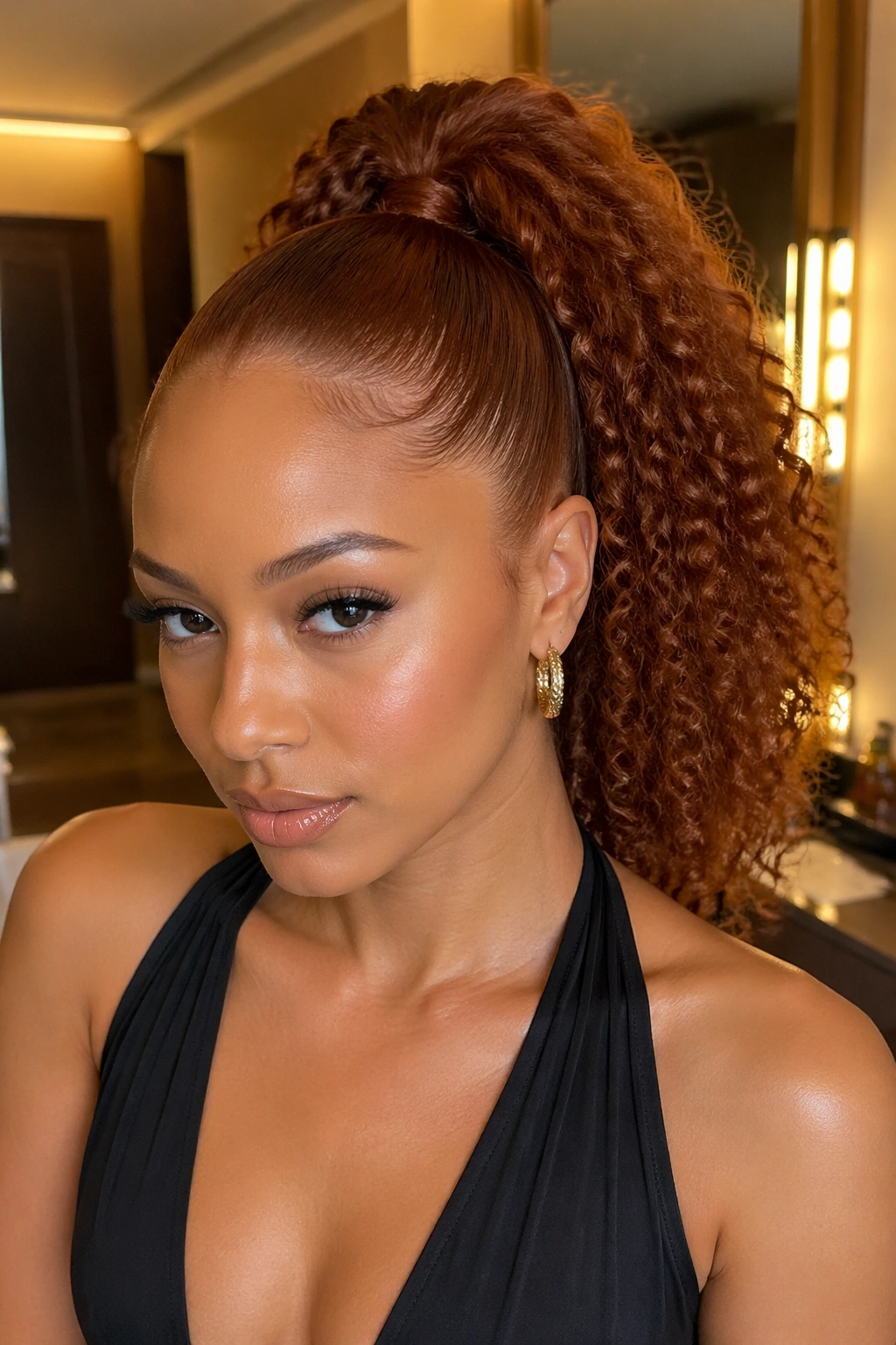 Portrait of a woman with cinnamon high ponytail and sleek sides