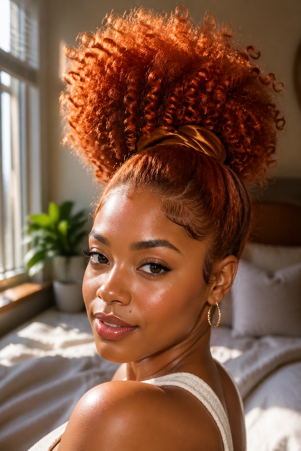 Close-up of a real woman with a ginger high puff hairstyle under window light.