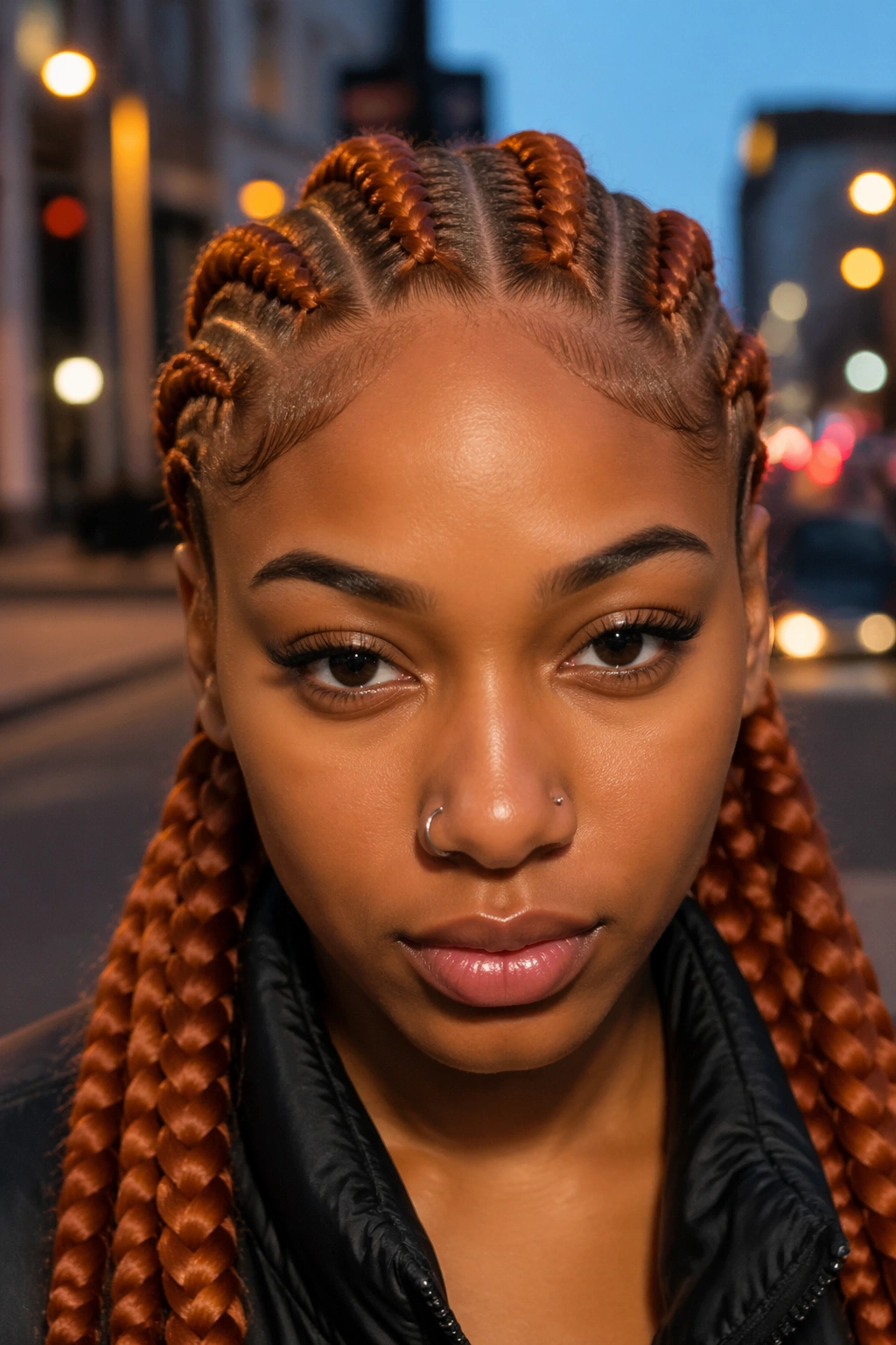 Close-up of ginger jumbo cornrows on a real woman in urban dusk lighting
