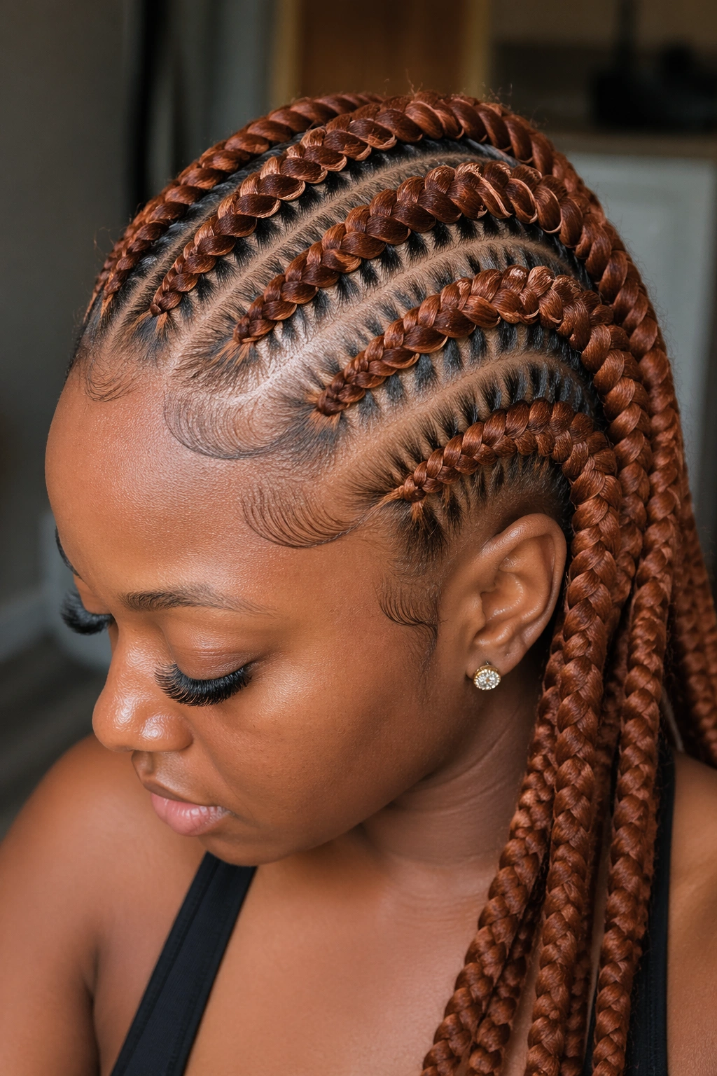 Close-up of jumbo ginger cornrows with stitch detail on a real woman