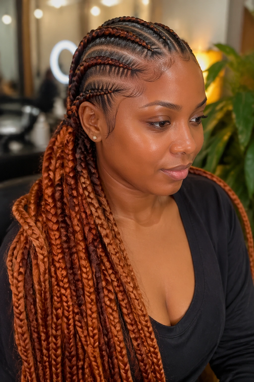 Close-up of a real person with ginger kanekalon extensions.
