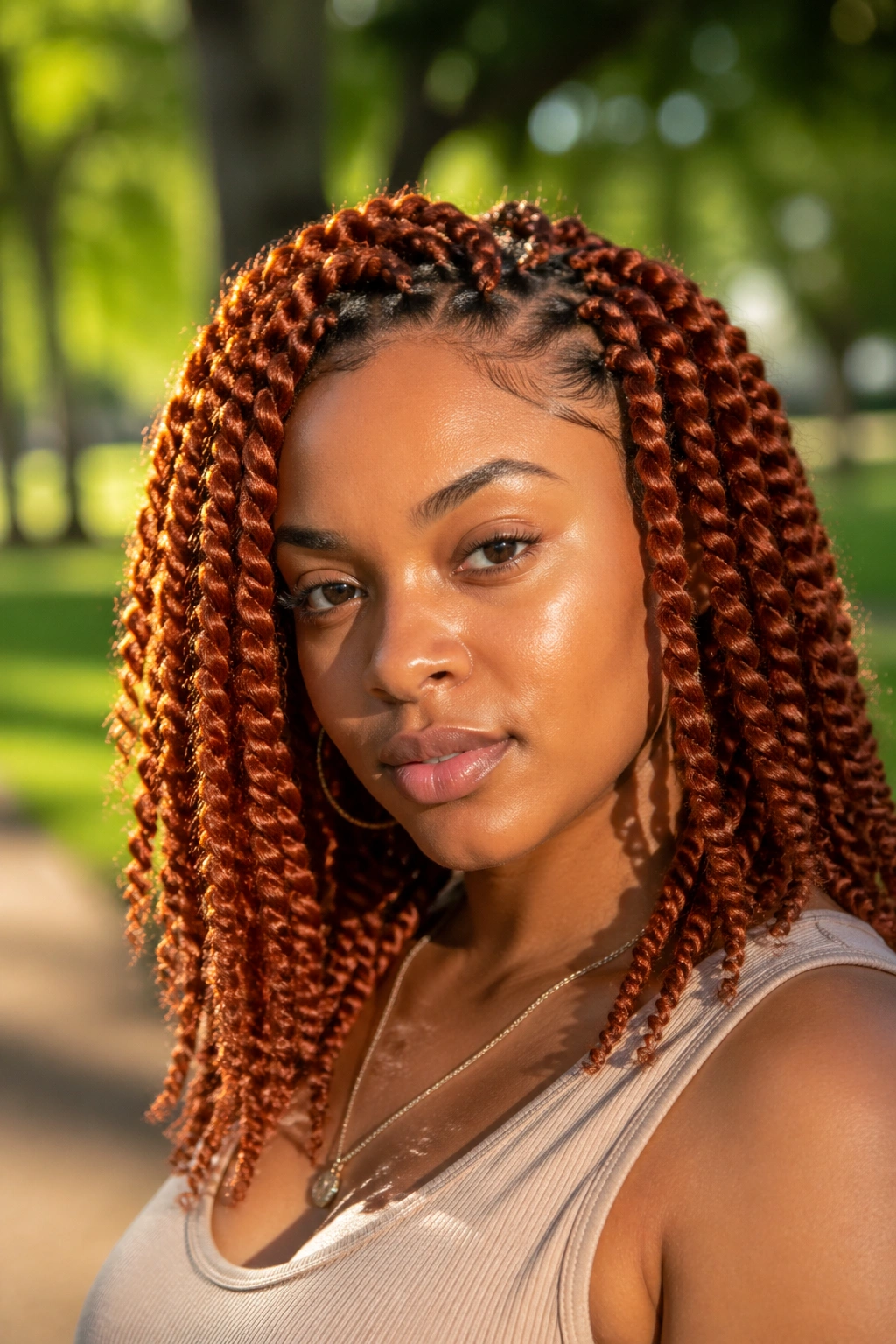 Close-up of a real woman with ginger kinky twists in natural outdoor light