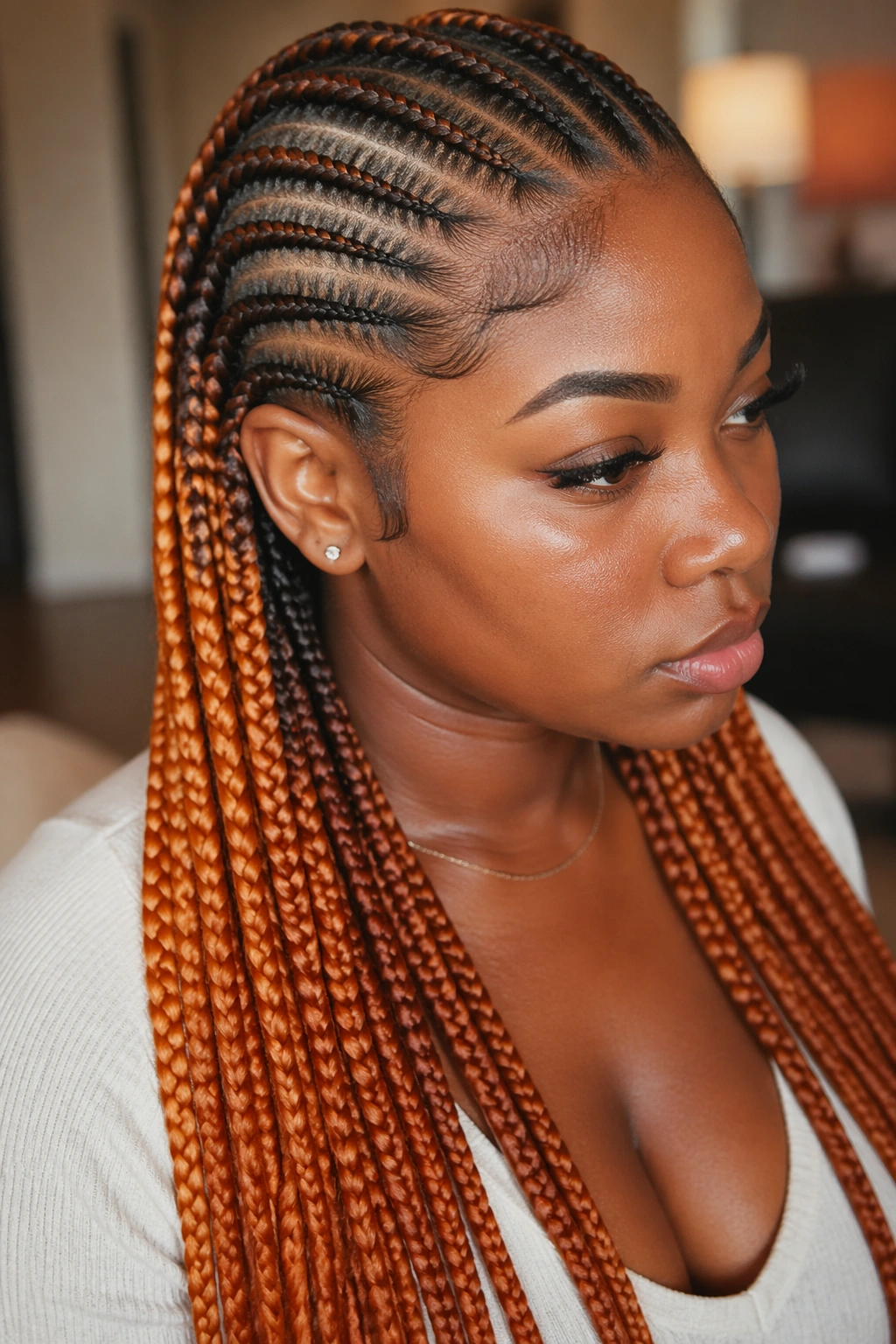 Close-up of ginger ombré cornrows from dark roots to bright ginger ends on a real person