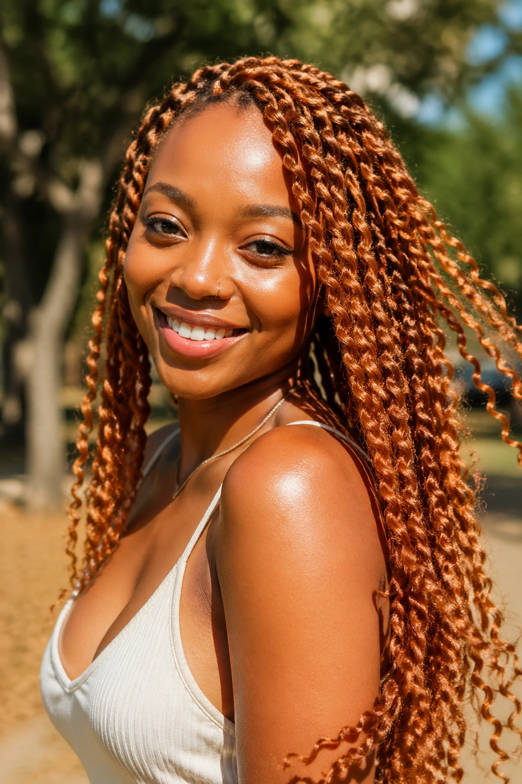 Real woman with ginger passion twists in sunlit outdoor setting.