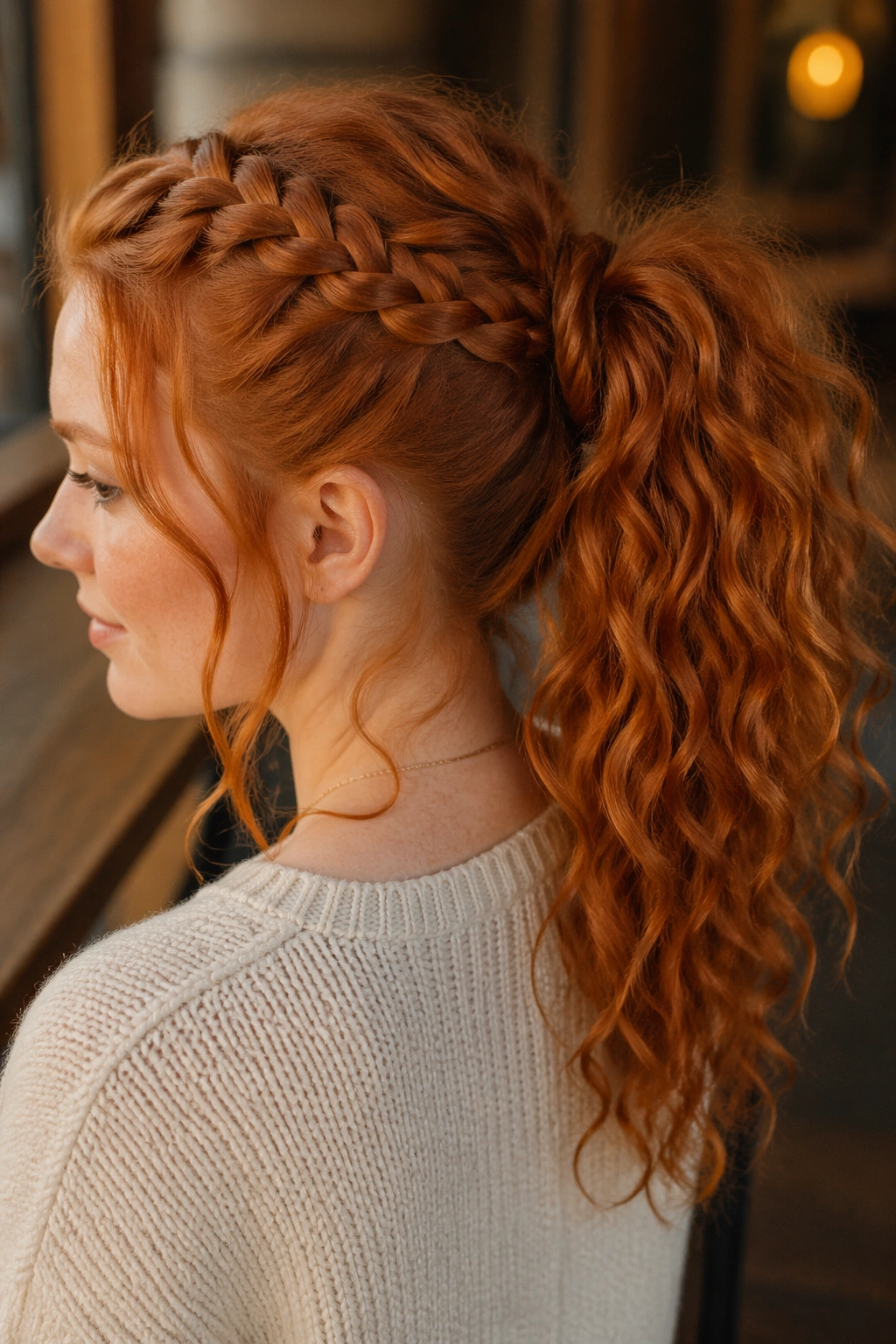 Close-up of a real woman with Ginger Ponytail featuring a braided base and loose ends.