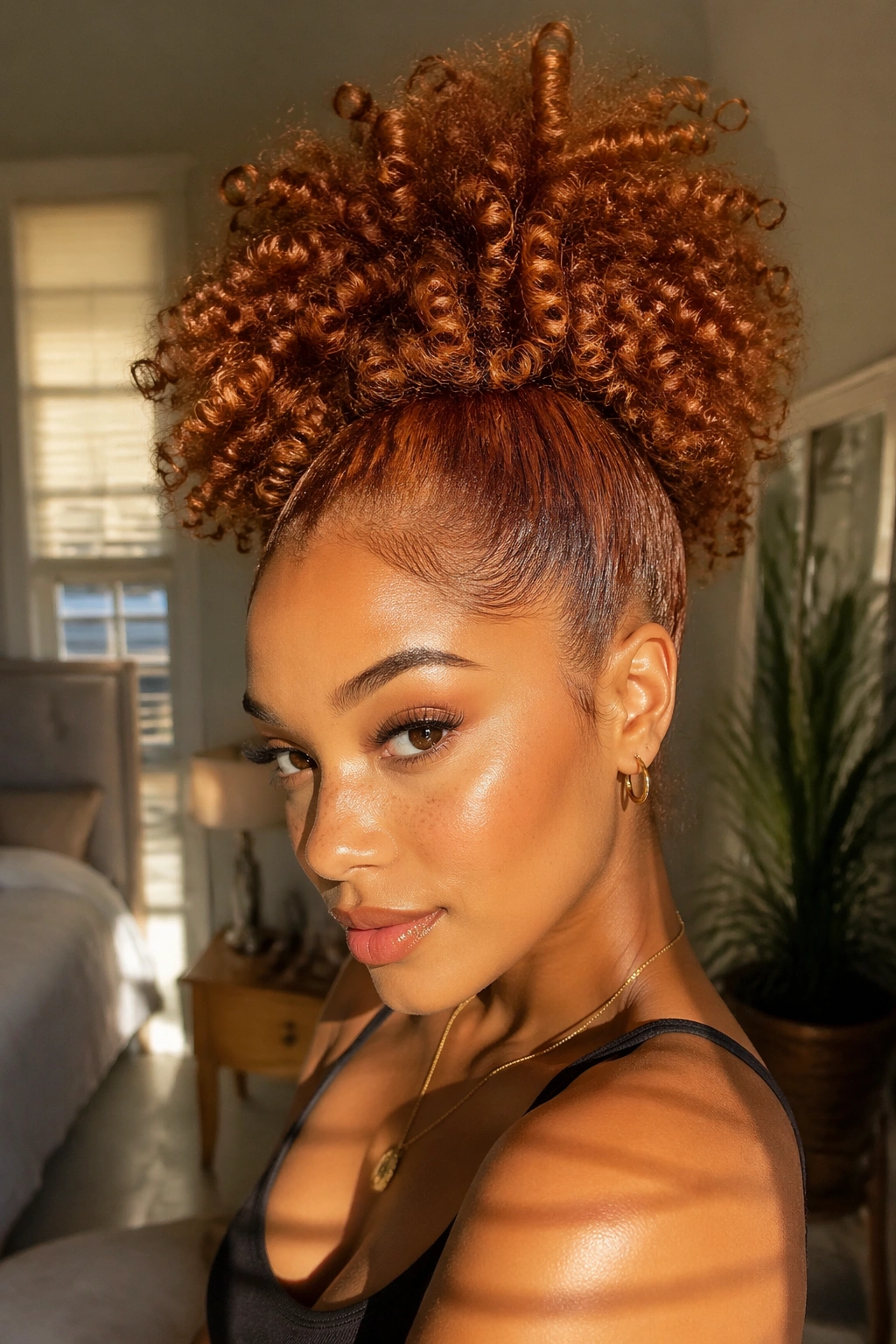 Close-up of a real woman with a cinnamon copper high puff ponytail and curly texture in warm natural light