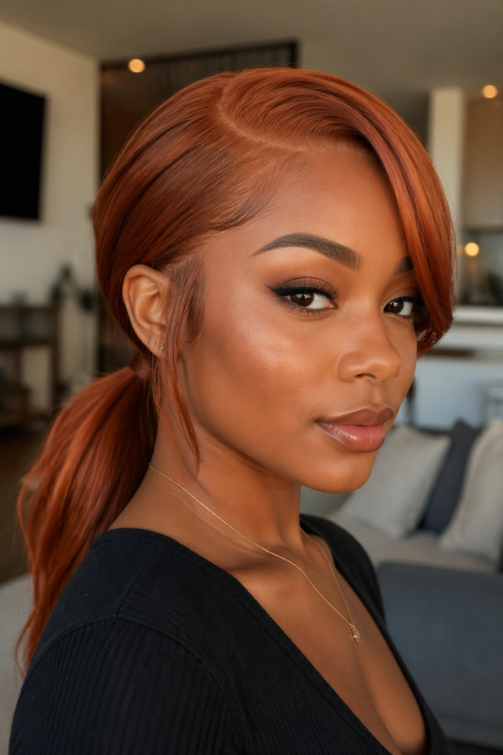 Close-up of a real woman with a deep side-part ginger low ponytail