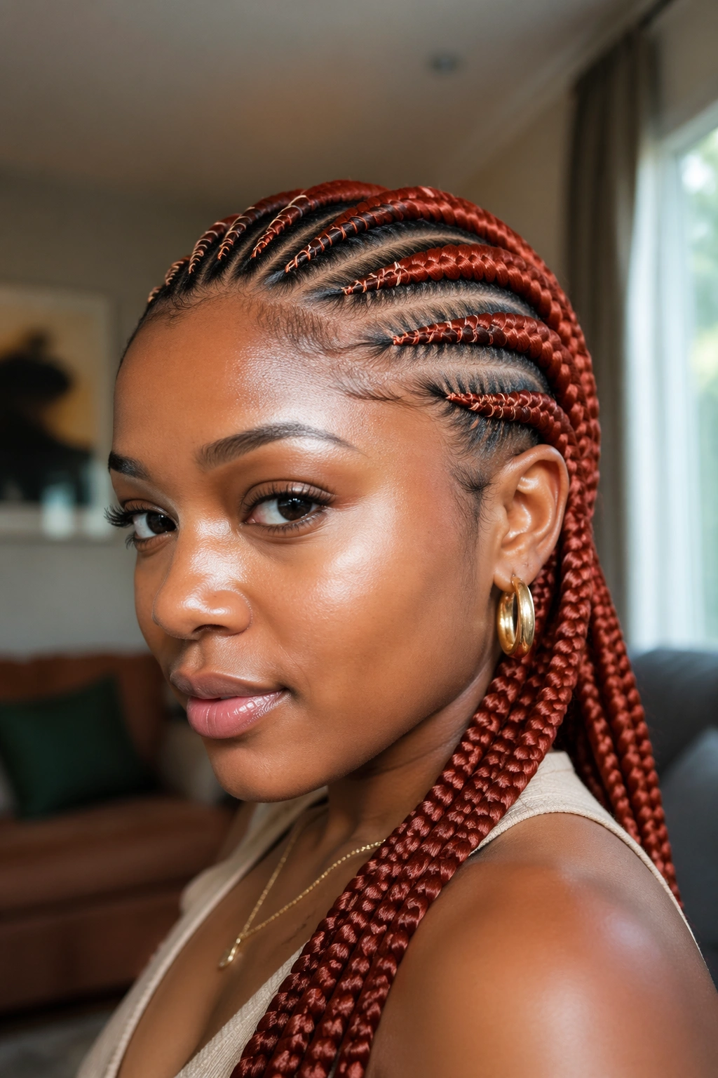 Close-up of ginger red cornrows with stitched detail on a real person