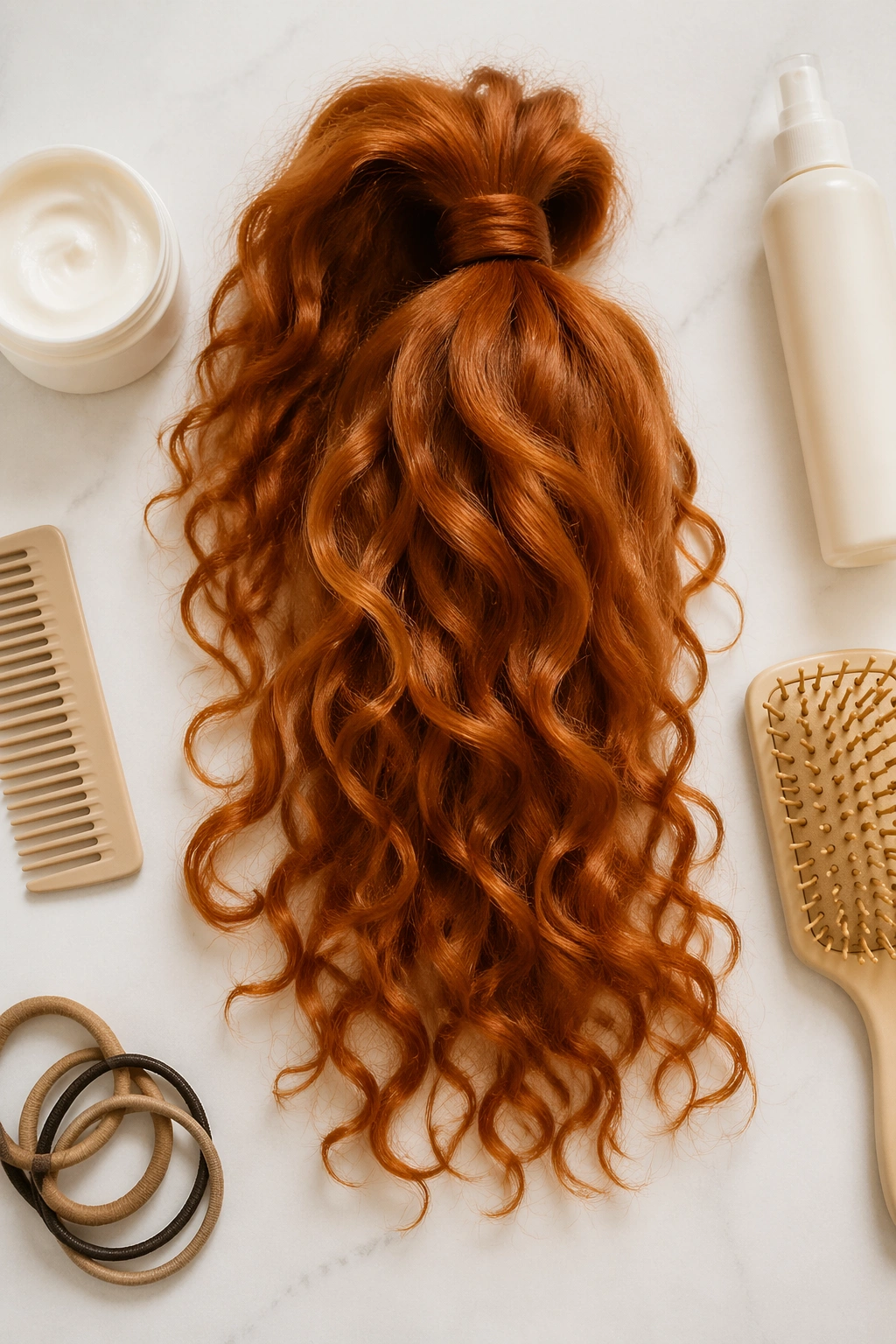 Ginger red high ponytail with natural curls flat lay