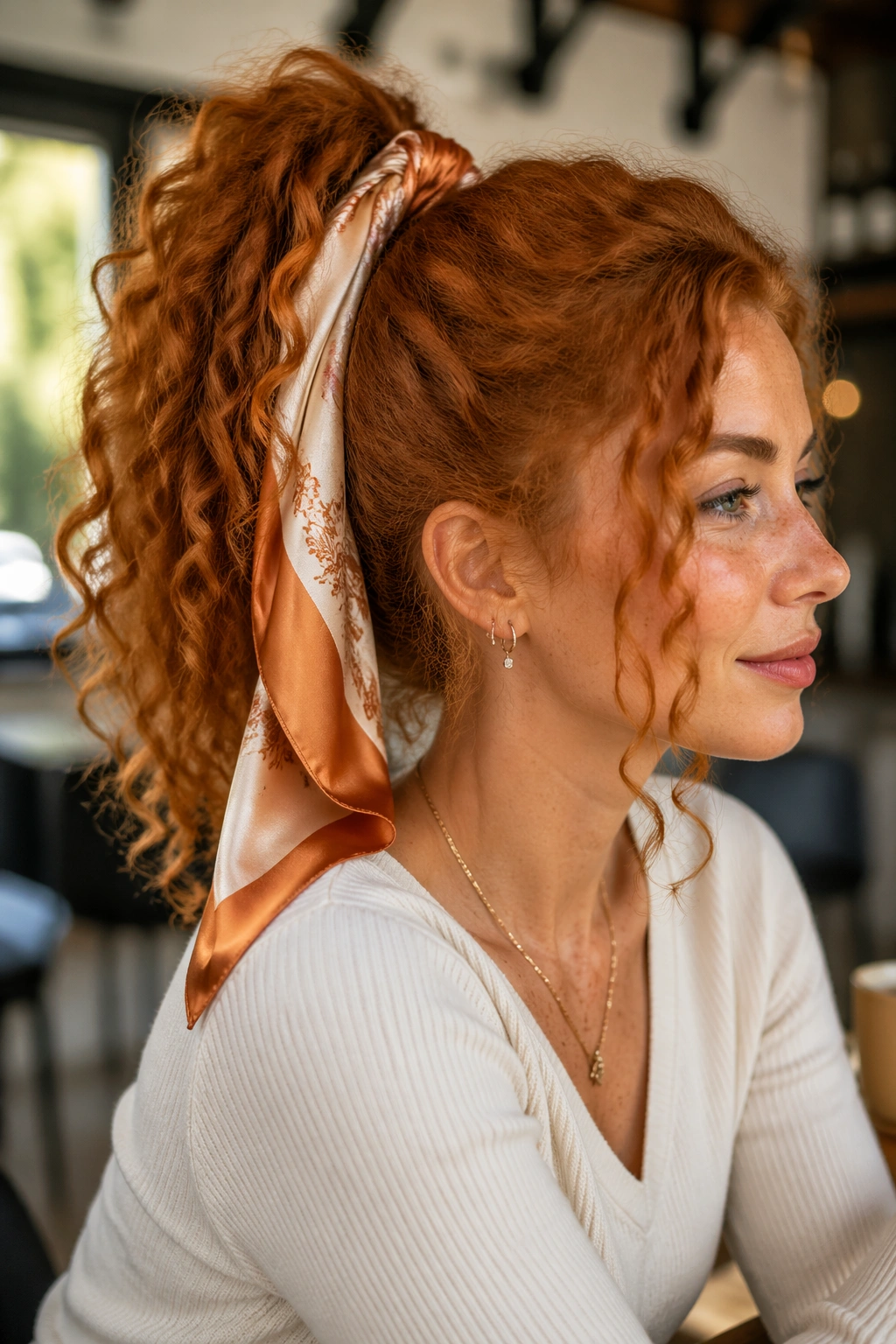 Ginger scarf-tied ponytail on real woman