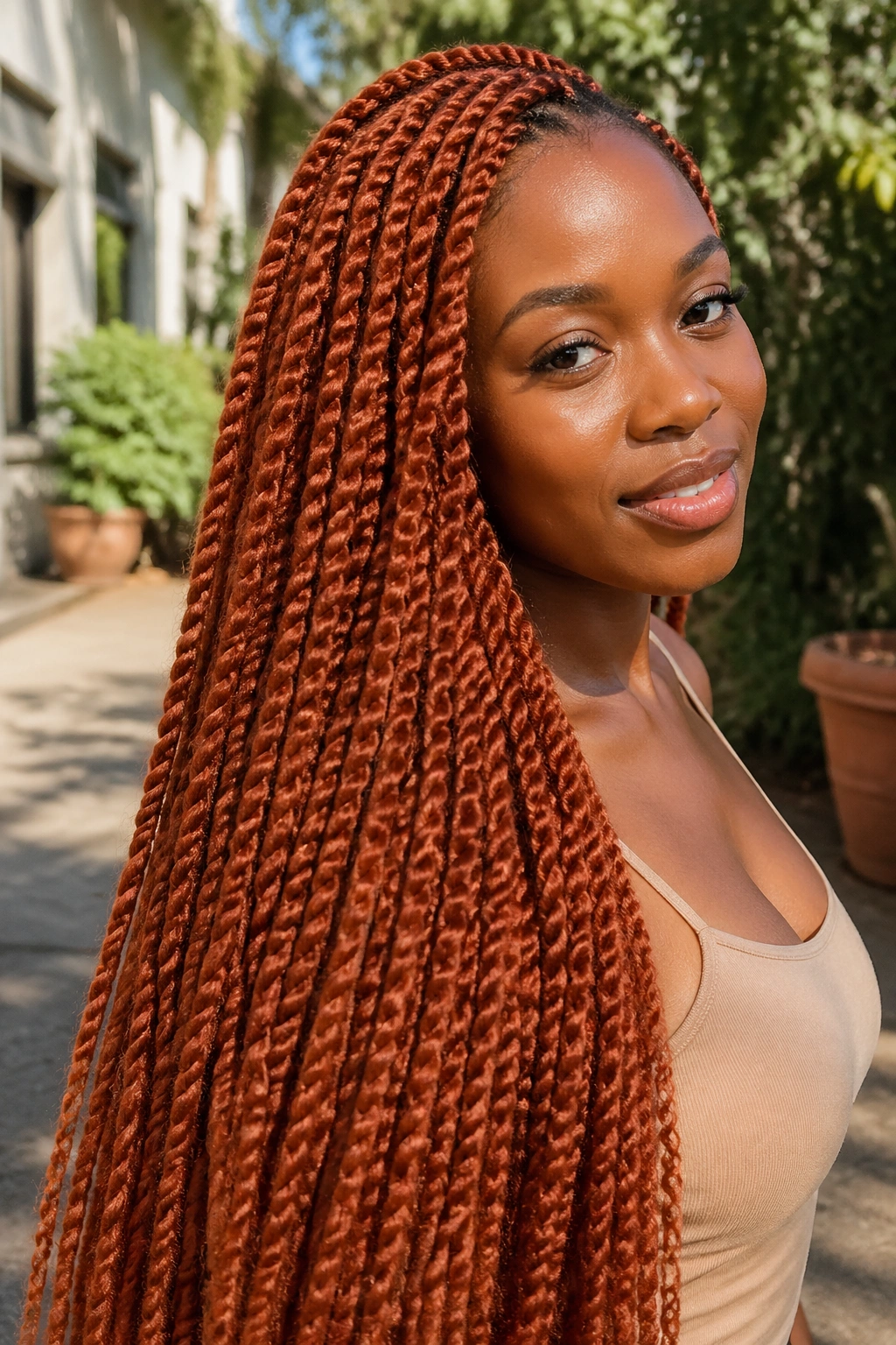 Woman with long ginger Senegalese twists outdoors in natural light