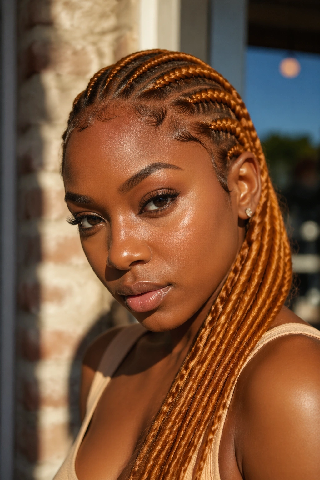 Close-up of a real person with ginger hair shade matched to warm skin tone.
