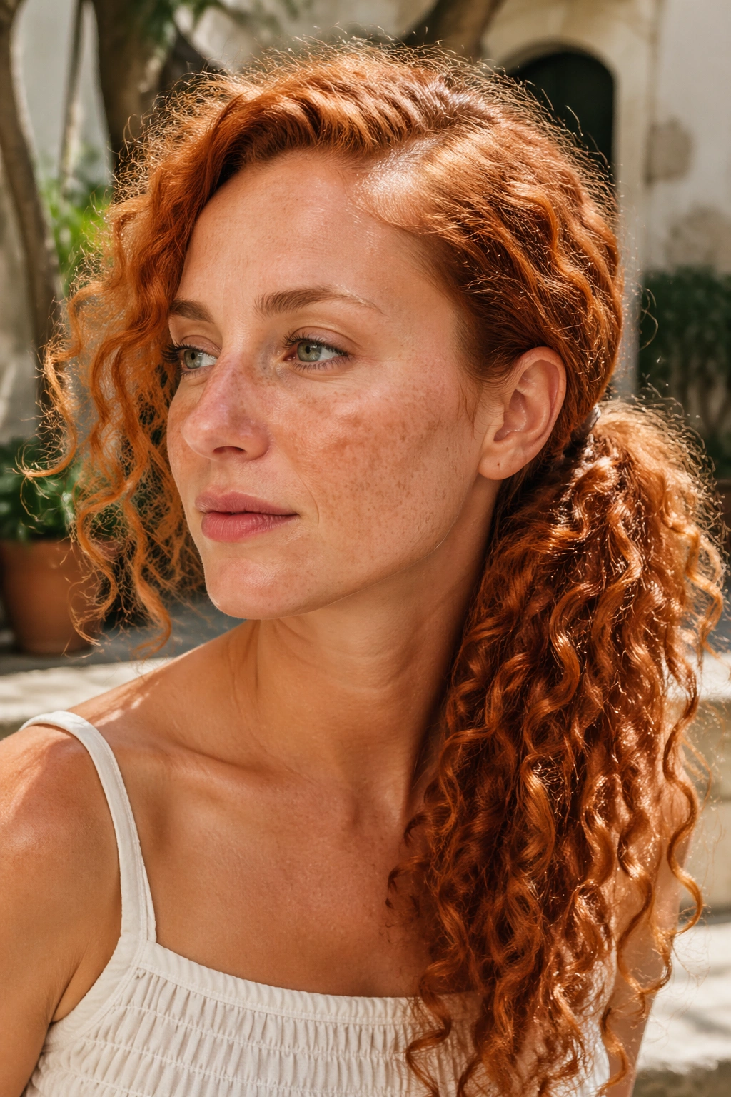 Close-up of a real woman with a spiced ginger side ponytail cascading over one shoulder in sunlit courtyard