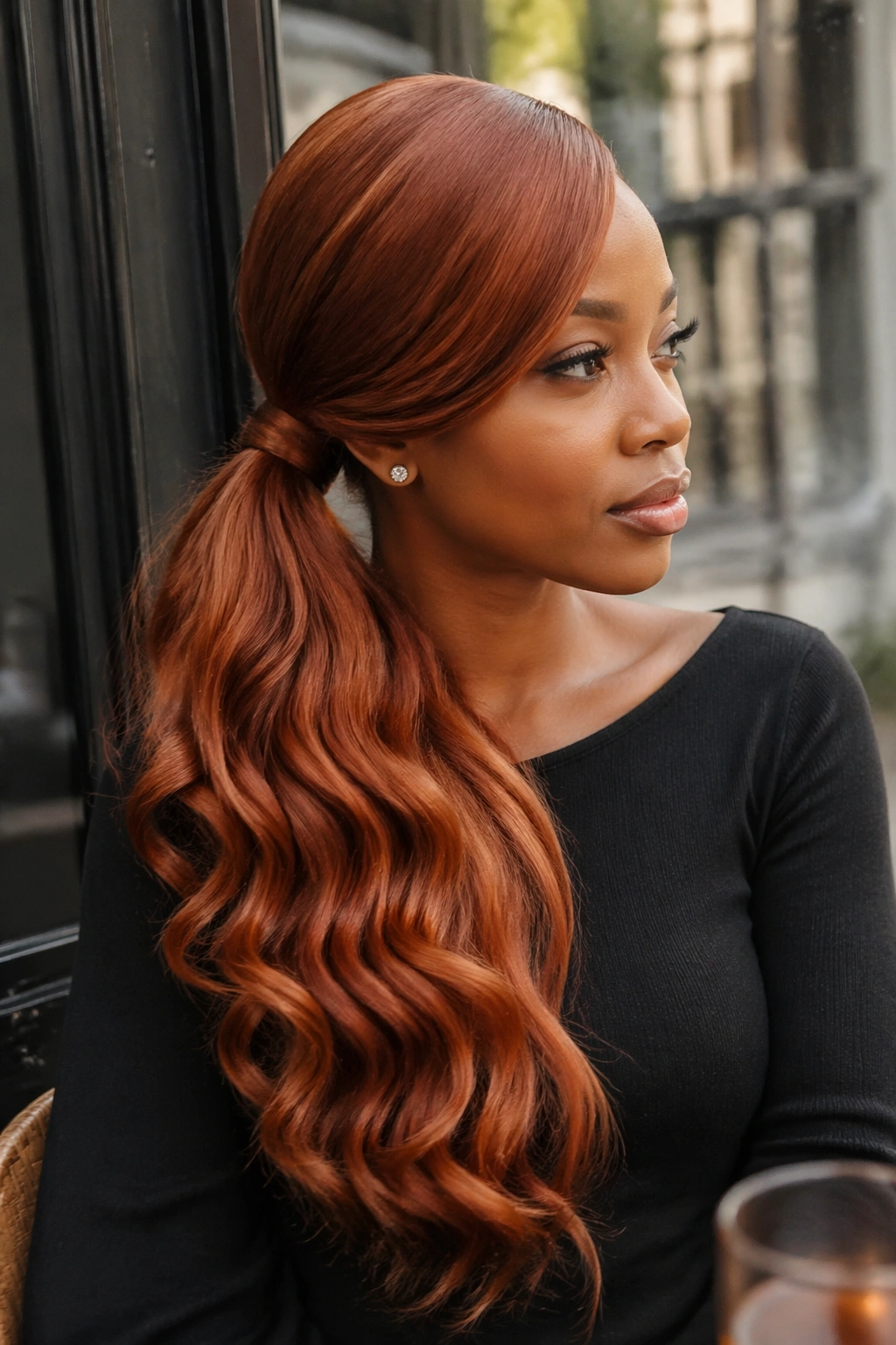 Woman with side ginger ponytail and soft waves over the shoulder in a cafe setting