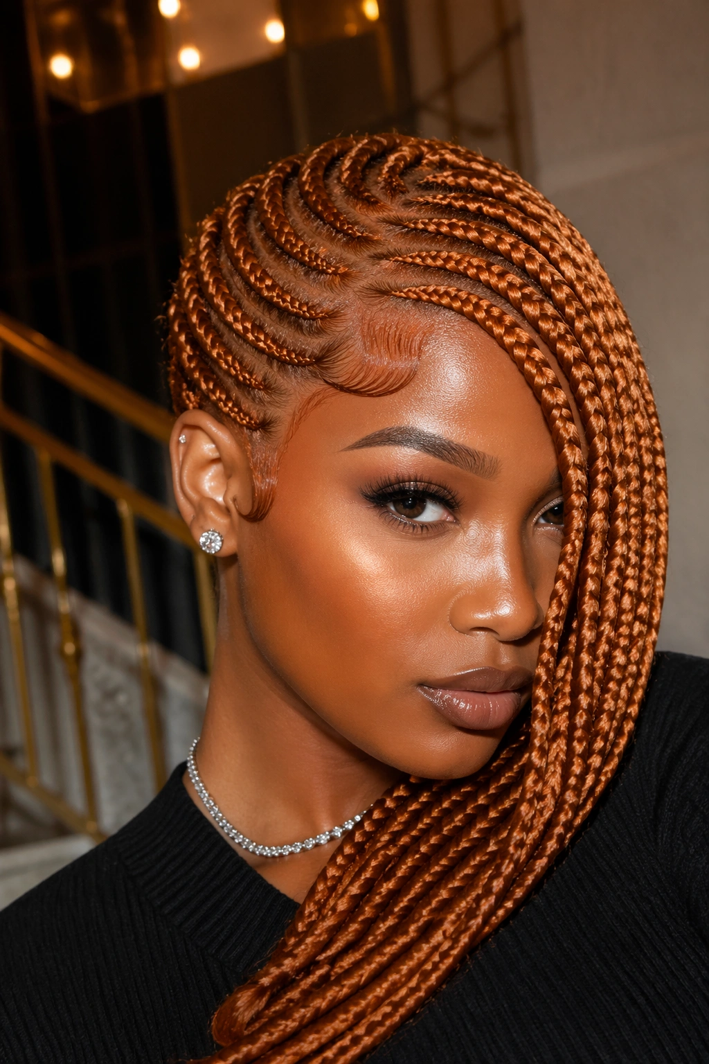 Ginger stitch cornrows with side sweep on a real person