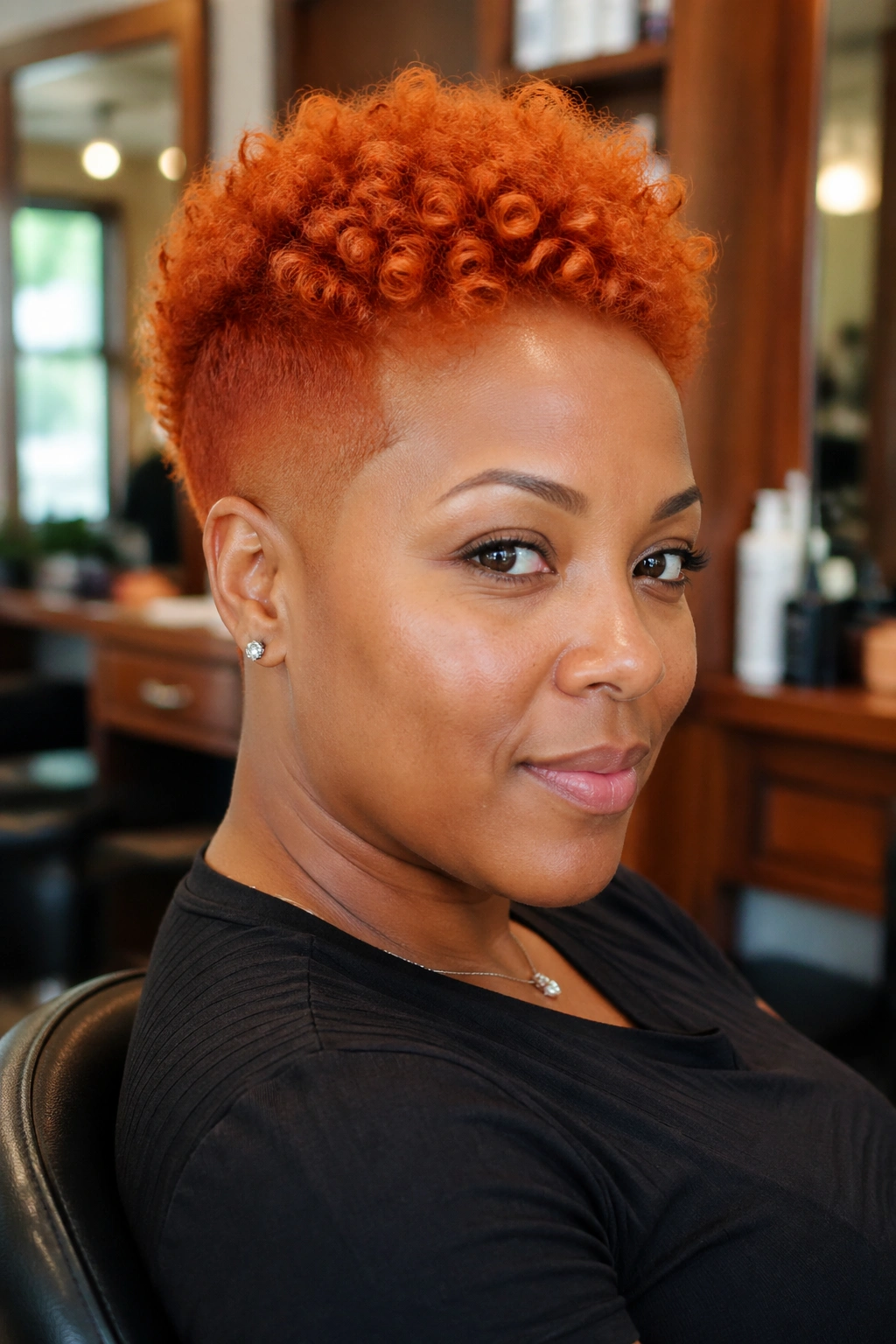 Close-up of woman with ginger tapered cut, bold crown curls and fade