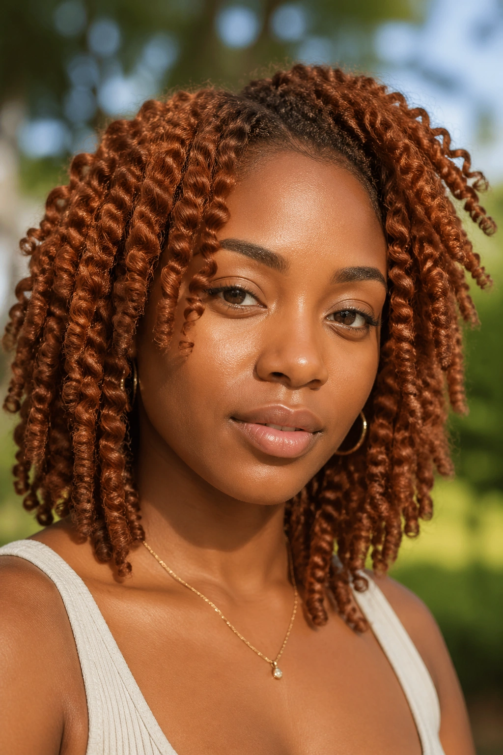 Close-up of a woman with ginger twist-out hairstyle in outdoor light