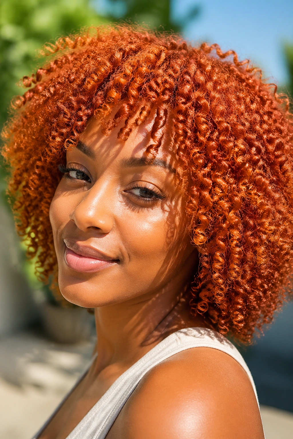 Close-up of ginger wash-and-go curls in natural sunlight