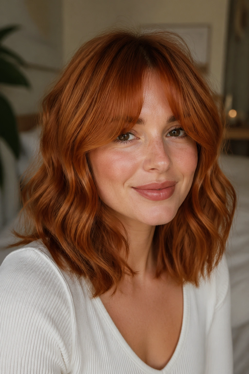 Close-up of a woman with ginger waves and bottleneck bangs