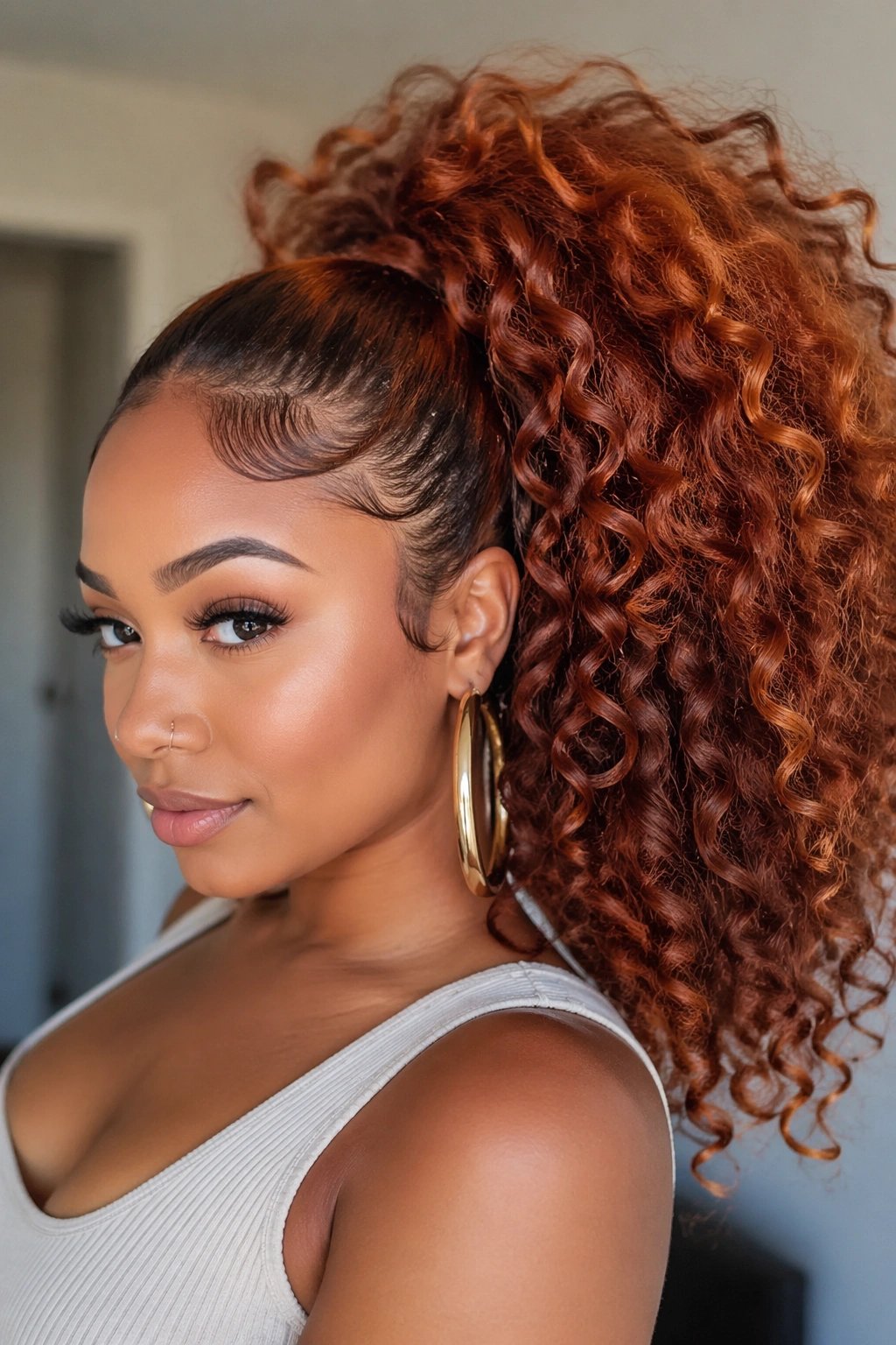 Close-up of a real woman with voluminous curly ginger weave ponytail