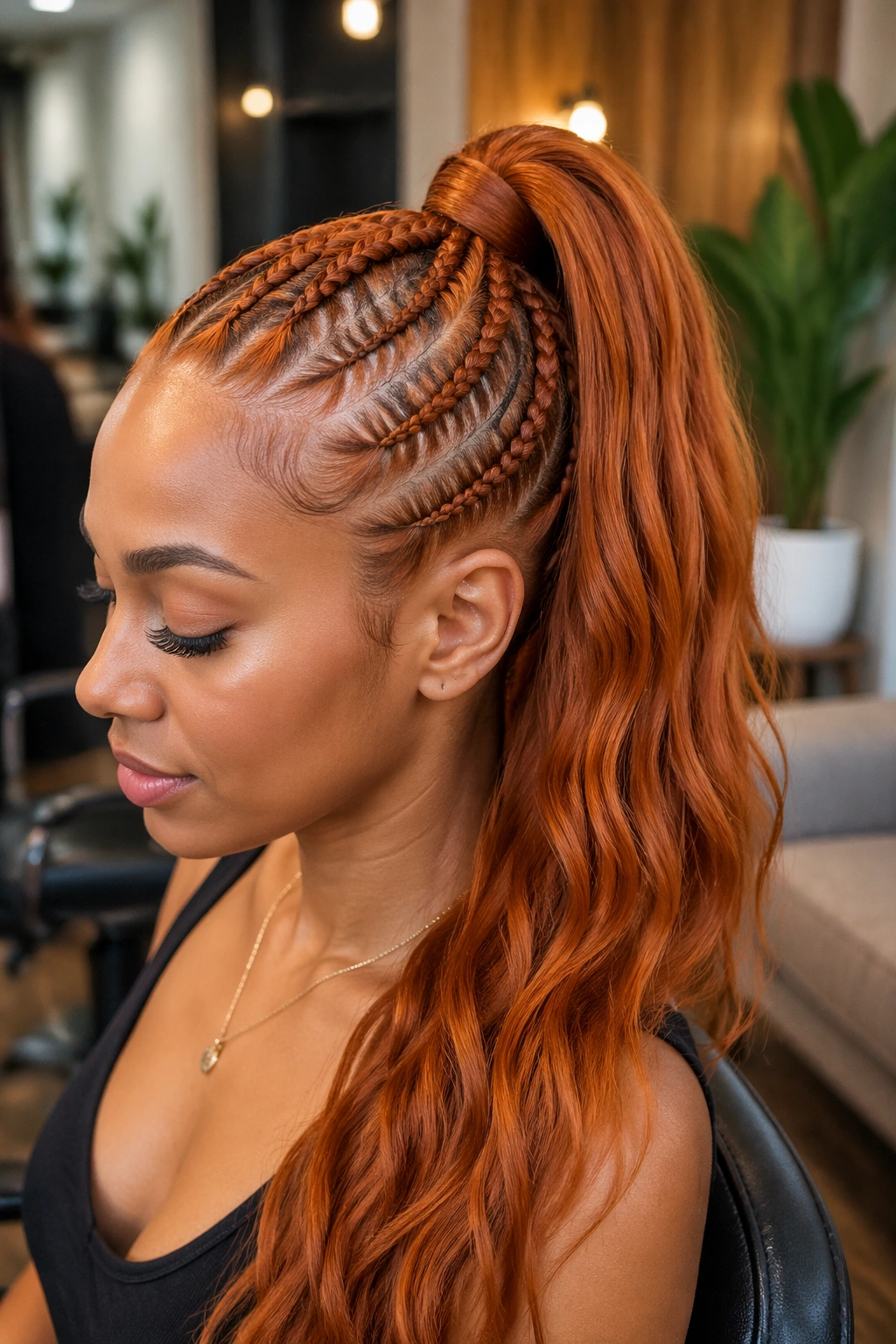 Close-up portrait of a real woman with a braided-base ginger ponytail in a salon setting