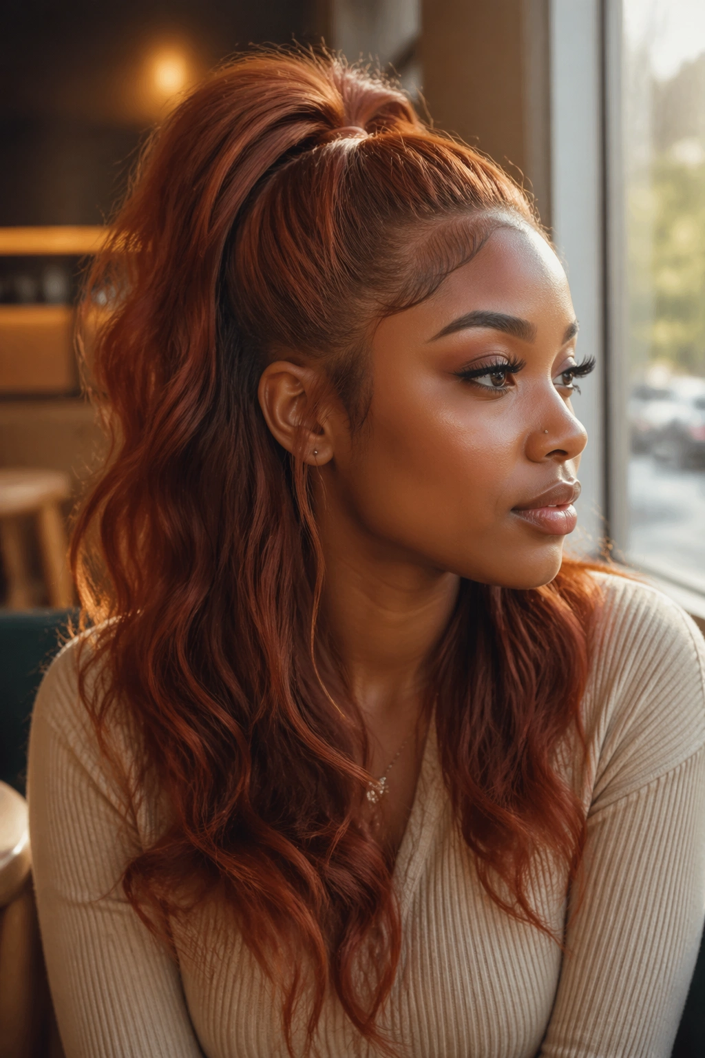 Close-up of a real woman with a half-up ginger weave ponytail