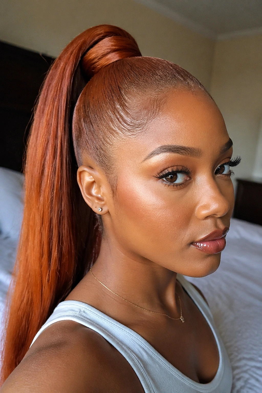 Close-up of a real woman with a sleek high ginger weave ponytail and wrapped base