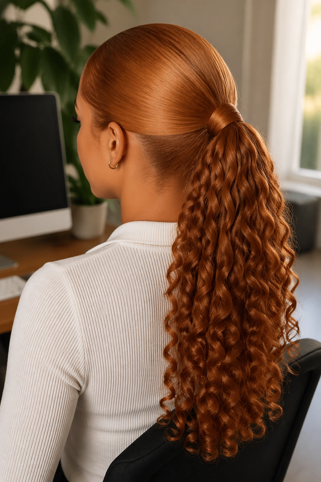 Back view of a real woman with a smoothed-back ginger ponytail and wrapped base