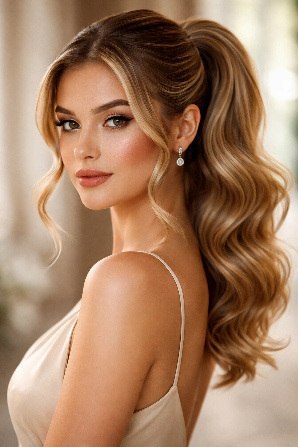 Glam Ponytail with S-curves framing the face and an elevated sleek ponytail