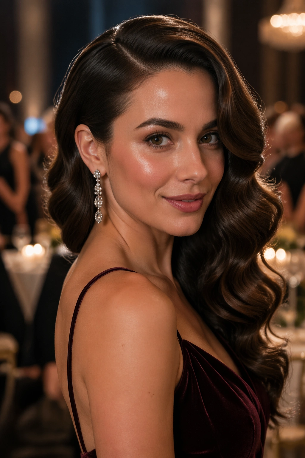 Close-up of a real woman with a glam side part and deep waves
