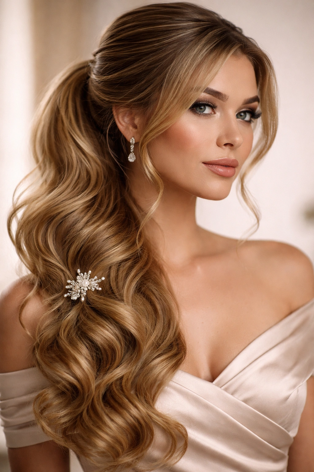 Glam side ponytail with extra-long curls and shine