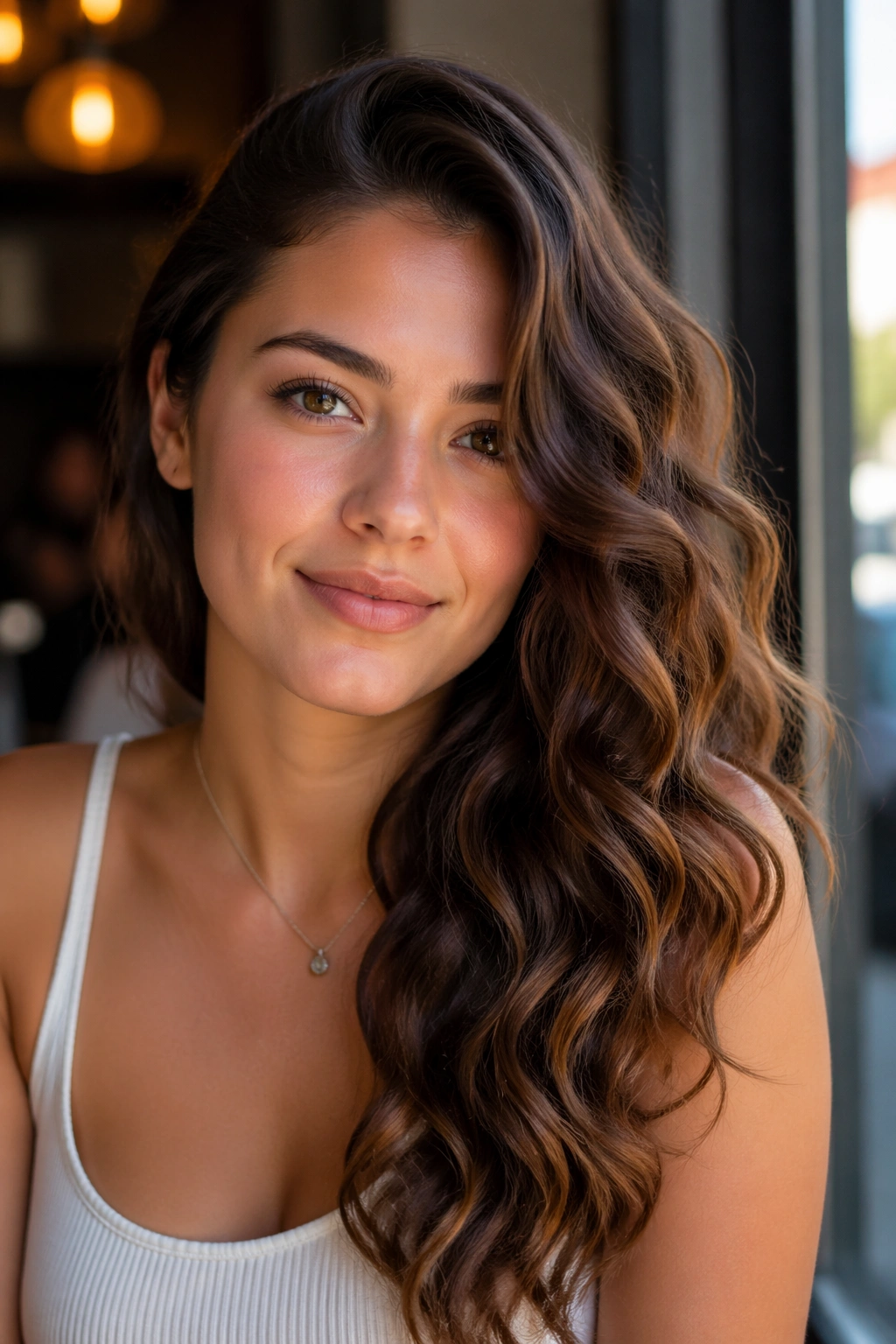 Portrait of woman with side-swept glam waves and face-framing curls