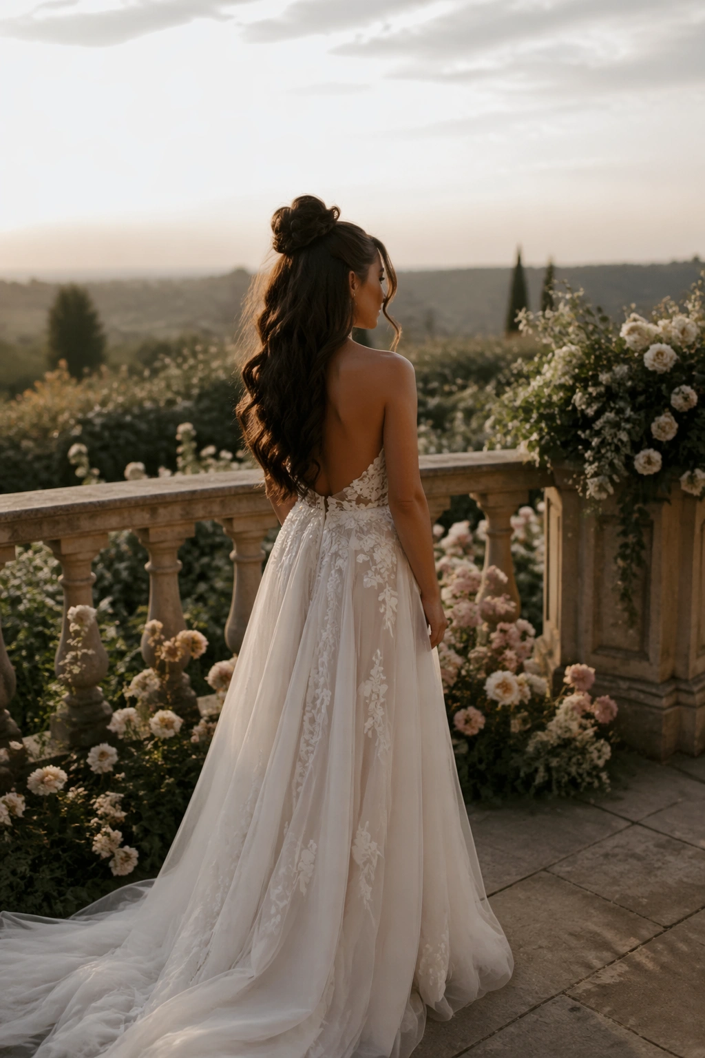 Wide shot of Hollywood wave half bun in garden terrace at golden hour