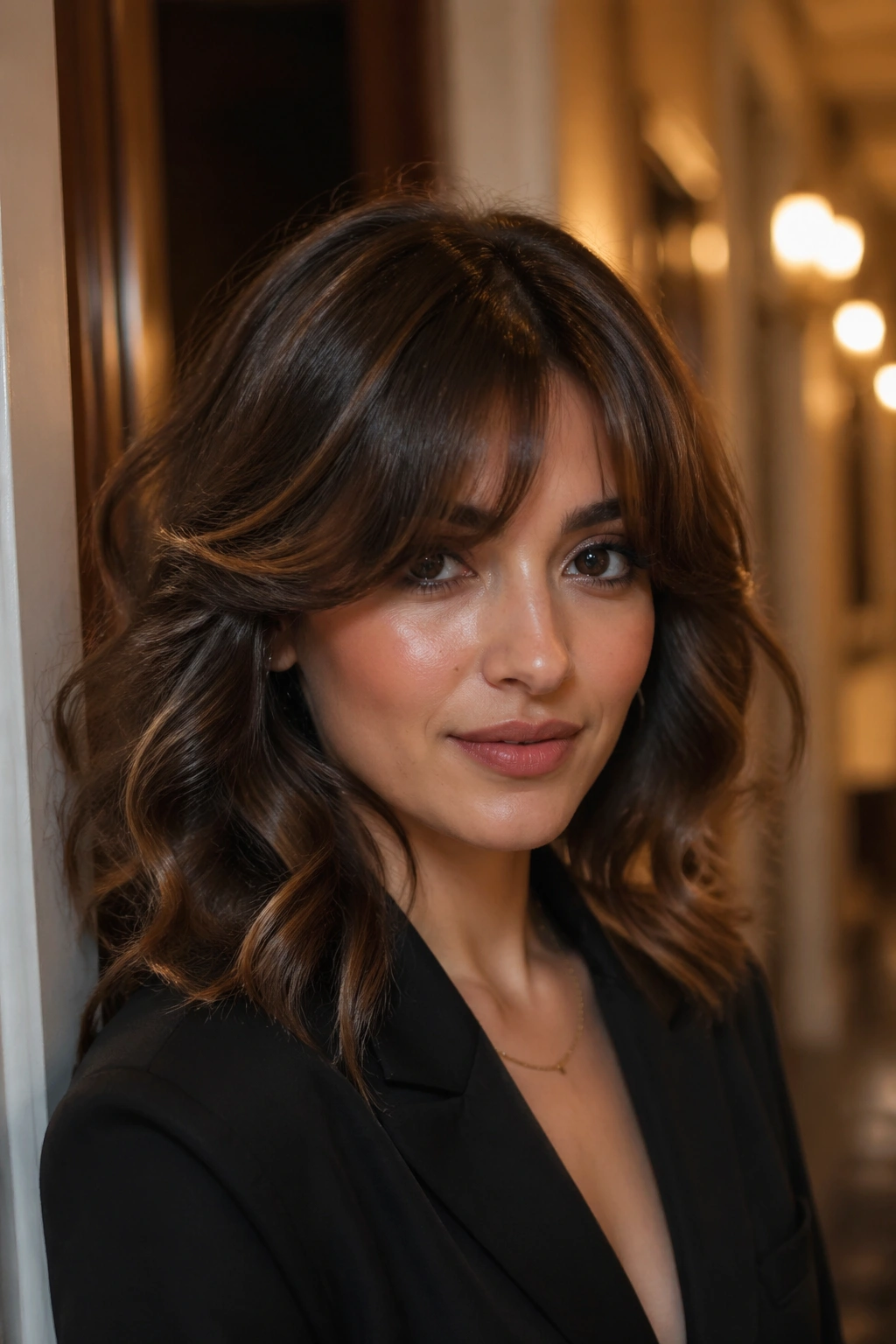 Close-up portrait of a real woman with glamorous waves and curtain bangs in warm hallway light