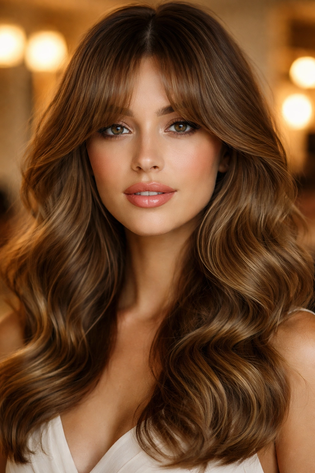 Portrait of a real woman with glamorous curtain bangs and polished wave