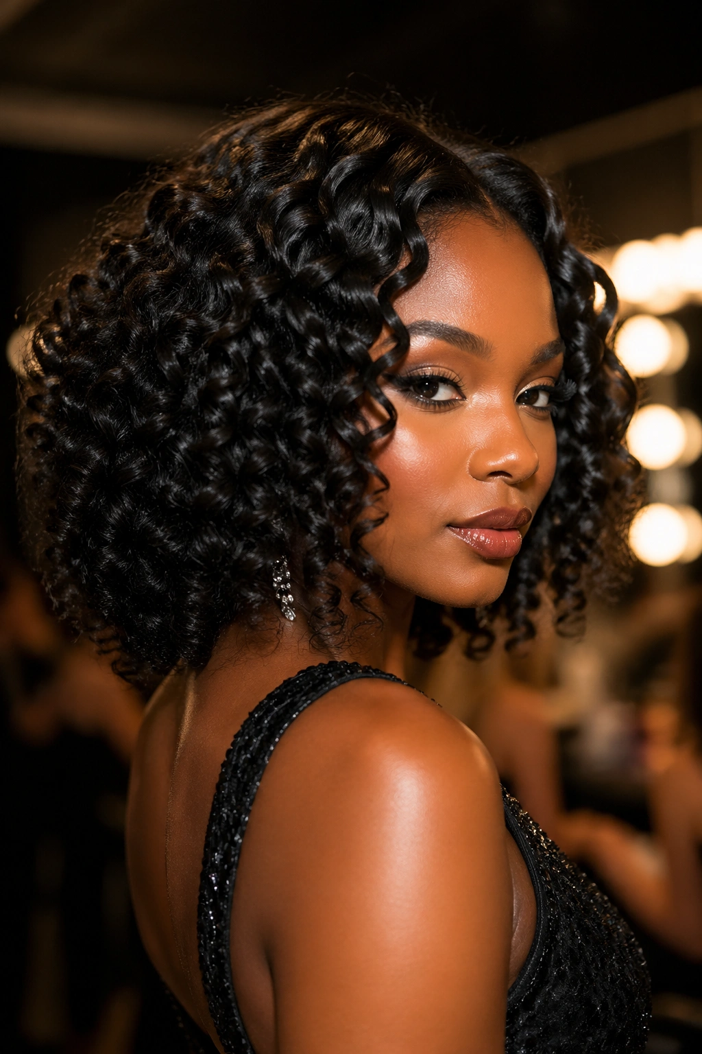 Close-up of glamorous wand curls on a real woman for red carpet
