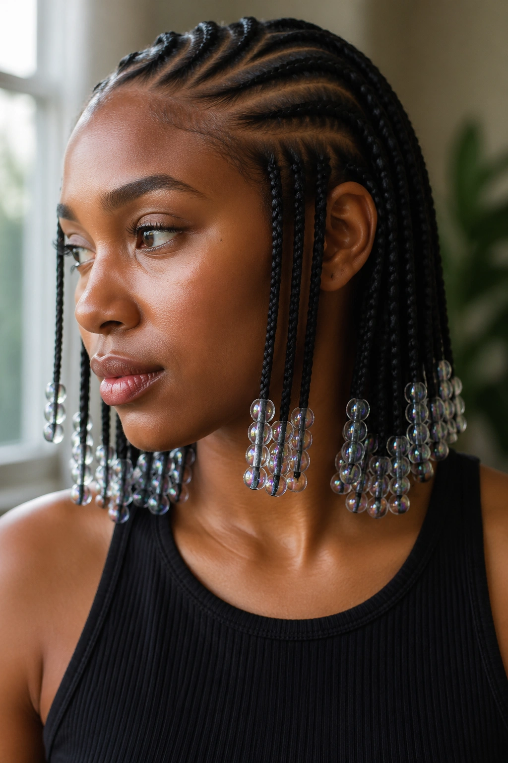 Glass beads on the ends of cornrows on a real person