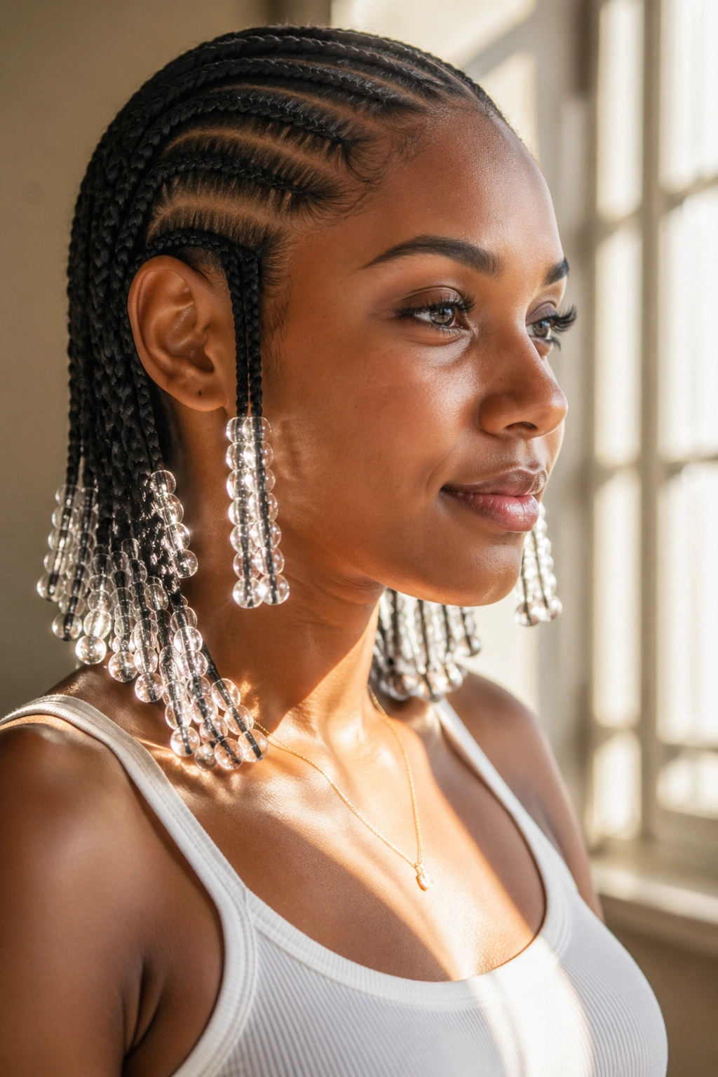 Real person with translucent glass beads reflecting light along cornrows